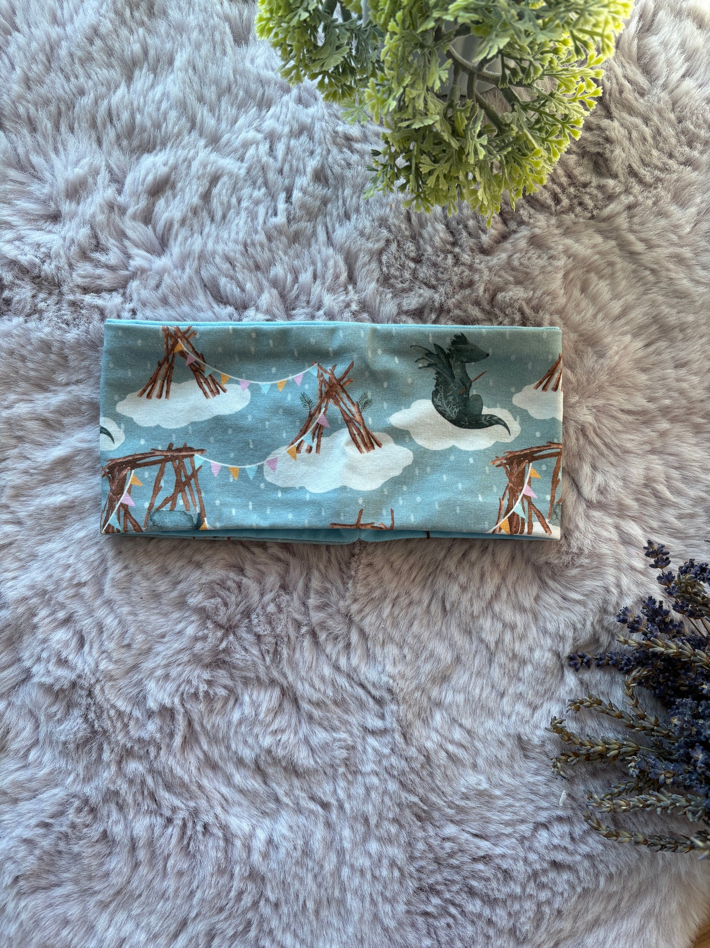 Breites Kinder Stirnband im blauen Drachendesign aus BIO Baumwoll Jersey 💙